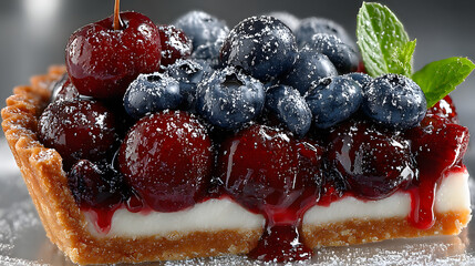 Delicious fruit tart filled with fresh blueberries, cherries, and a creamy filling, garnished with mint leaves