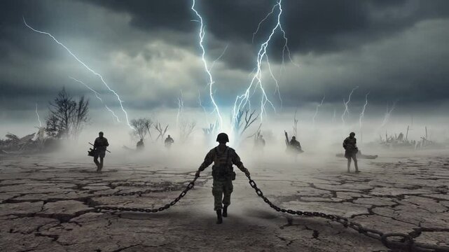 A lone World War I soldier desolate, muddy dark stormy sky lightning flashes. fallen soldiers walk alongside dragging heavy chains grief loss. dreamlike contrasts, visual metaphors memory sorrow