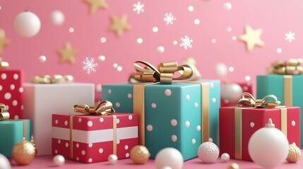 Colorful gift boxes arranged on a festive pink background.