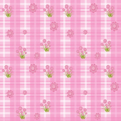 Seamless pink plaid background with cute hand-drawn flowers. Soft pastel colors, playful spring floral pattern, perfect for fabric, wrapping, or digital design.
