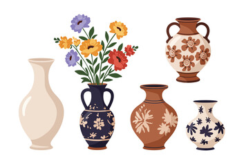 Colored ceramic vases set. Porcelain vase for flowers, antique pottery, floral and abstract patterns. Vase pottery for decoration. Trendy flat style isolated on white. Vector illustration