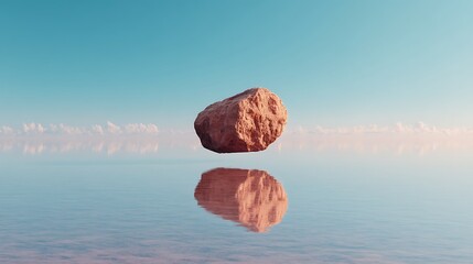 Naklejka premium A Large Rock Appears Suspended Above Calm Water Creating a Mirrored Reflection in a Surreal Landscape.