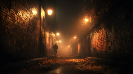 Misty night descent into a mysterious brick alley, a lone silhouette walks into the foggy urban unknown, illuminated by distant, glowing streetlights