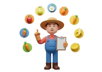 Cartoon farmer with produce icons isolated on transparent background