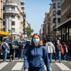Obraz premium Young woman wearing surgical face mask on urban street | face mask awareness | corona safety | covid mask girl photo | mask photo for health poster