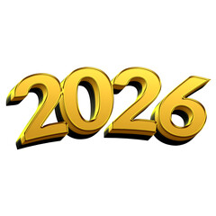Shiny Golden 2026 Text with 3D Metallic Effect on Transparent Background