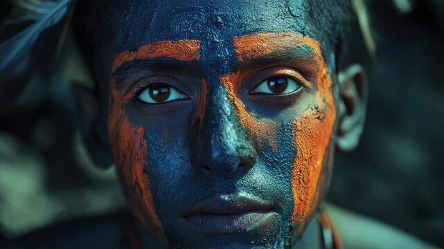 Close-up shot of a person's face painted with vibrant blue and orange colors, great for creative projects or self-expression
