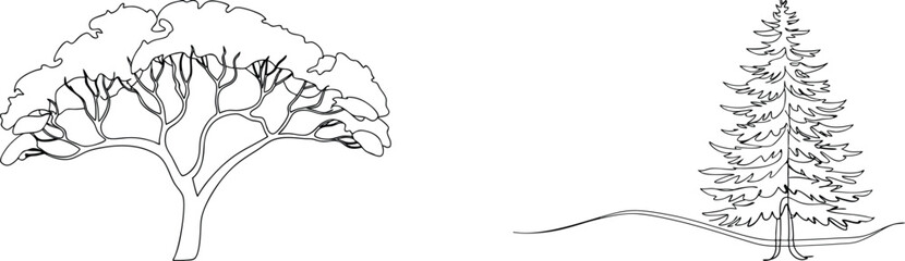Two trees drawn in black line art representing nature and simple illustrations