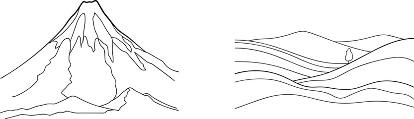 Simple line art landscape composition featuring mountain and rolling hills elements