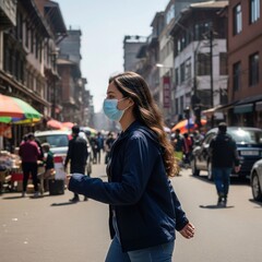 Young woman wearing surgical face mask on urban street | face mask awareness | corona safety | covid mask girl photo | mask photo for health poster