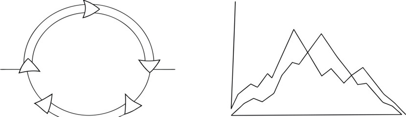 Black and white diagram illustrating cycles and data trends in an abstract presentation