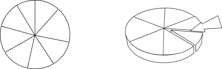 Pie chart data analysis illustration showing a complete circle and a sectional dissection