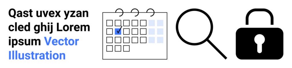 Calendar with a checkmark, magnifying glass, and padlock. Ideal for planning, organization, research, security, task management, scheduling and simple landing page