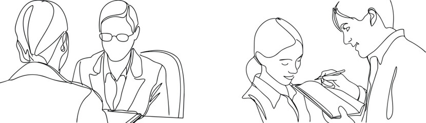 Continuous line drawing illustrating professionals collaborating and working together on documents