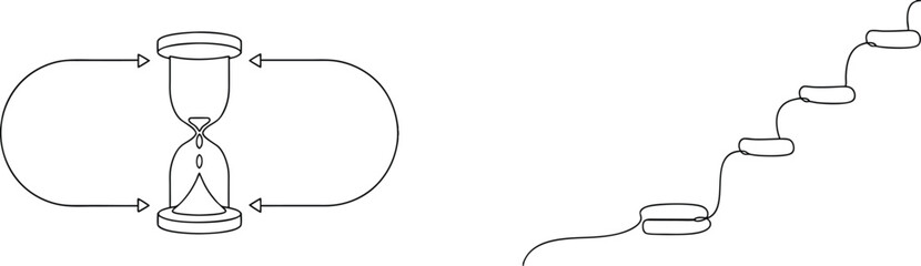 Continuous time cycle and progress illustrated through one line drawings in black and white