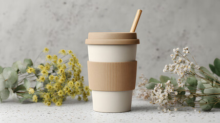 Eco-friendly disposable coffee cup with straw, surrounded by delicate natural flowers and green foliage, on a textured background, promoting sustainability and calm