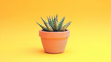 Vibrant Haworthia Succulent in Clay Pot Against Bright Yellow Background