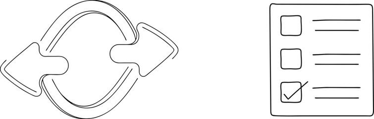 Hand drawn black and white illustration showing workflow process and checklist completion.