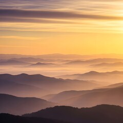 Obraz premium Layered rolling hills shrouded in soft morning fog at sunrise, with golden and purple skies creating a dreamy, calm, and serene landscape