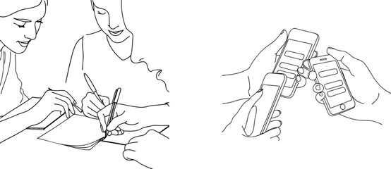 Group collaboration involving notebooks and smartphones depicted with clean and simple outlines