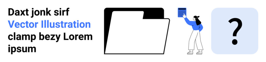 Woman placing a document into an open folder, with a question mark icon symbolizing inquiry, mystery, or search. Ideal for organization, archiving, information, problem-solving, research digital