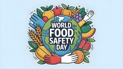Vibrant illustrations of "World Food Safety Day" featuring Earth surrounded by diverse fruits and vegetables. Ideal for campaigns promoting food safety, health, and global well-being.