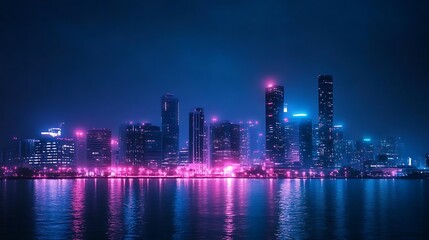 Obraz premium Neon cityscape at night over calm water.
