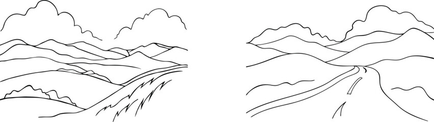 Hand drawn landscape illustrations featuring mountains roads clouds and natural elements in black and white.