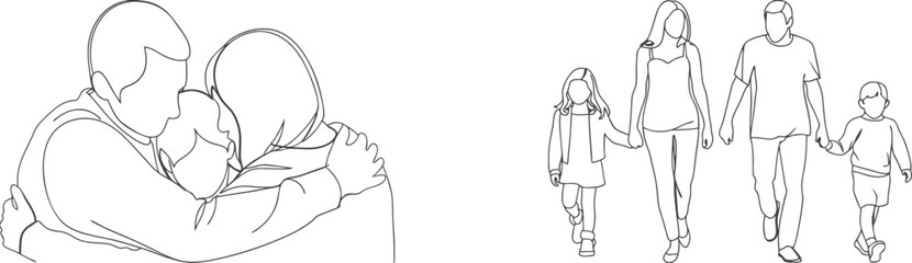 Black and white line art illustrations depicting family togetherness and love moments