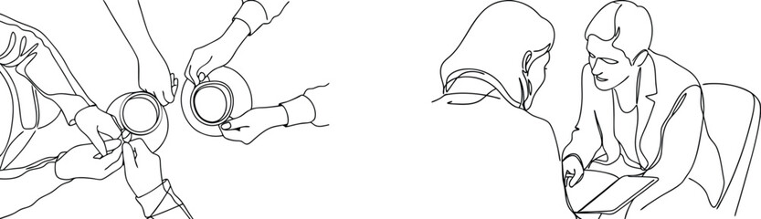Continuous line drawing of business meeting and coffee break with people discussing ideas