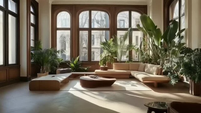 Indoor Oasis: A Luxurious Living Room Bathed in Sunlight and Lush Greenery