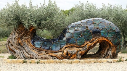 Fototapeta premium Ancient Olive Tree Sculpture with Solar Panel Mosaic