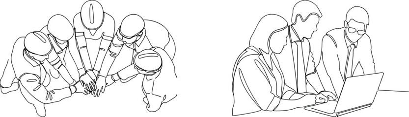 Teamwork and collaboration depicted in minimalist continuous line drawings demonstrating unity and partnership