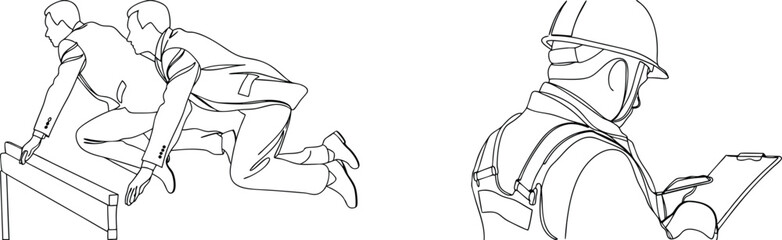 Continuous line drawing of people overcoming obstacles and reviewing information