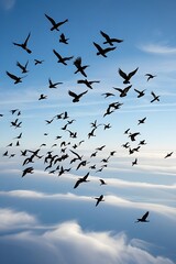 Obraz premium Wild Goose Chase: Silhouetted Birds Against a Vibrant Blue and White Cloudy Sky Wallpaper