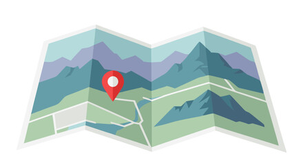 Stylized illustration of a folded map with a red location marker pointing to a destination surrounded by mountains
