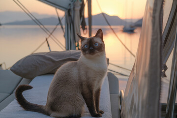 young female siamese cat curious portrate sitting in tranquil moment on top deck of sailing boat in bright sunrise, luxury travel with pets