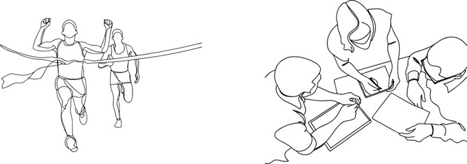 Success and teamwork concept illustrated with line art of running and collaboration