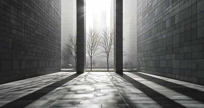 Black and white architectural shot of a modern building with sunlight streaming through.