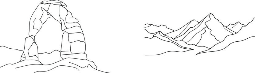 Minimalist black line art illustration featuring delicate arch and mountainous landscape