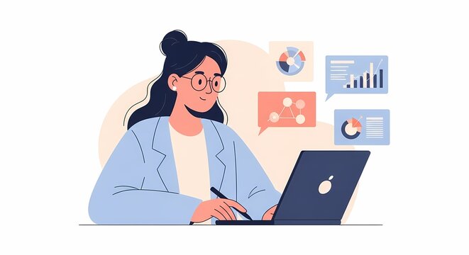 Woman Analyzing Data on Laptop with Charts for Business Insights