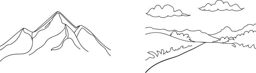 Simple black and white line drawing illustrating mountain and landscape elements