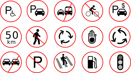 Traffic Sign Icons Vector Set – No Parking, No Entry, No Cycling, Roundabout, Fuel, Pedestrian & More