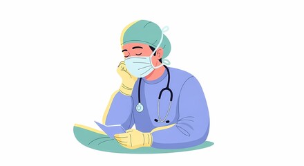 Healthcare Worker Resting in Scrubs Reading Documents with Surgical Mask on