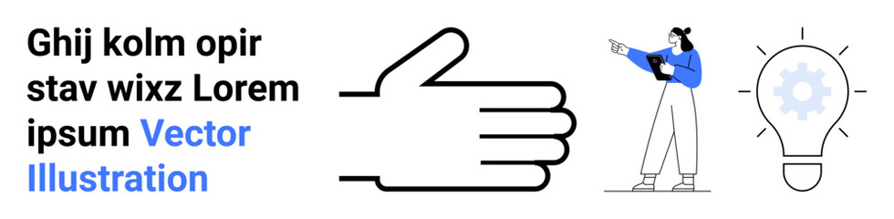 Hand gesture, woman holding clipboard pointing forward, gear inside lightbulb representing ideas, teamwork, brainstorming, innovation, leadership, coaching, education motivation simple landing page