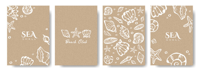 Modern Trendy Banner or Poster with Doodle Hand Drawn Sea Shell on Kraft Paper Background. Cute Elegant Seashell Wedding Birthday Invitation Greeting Card Template. Vector Design Concept Vintage Style