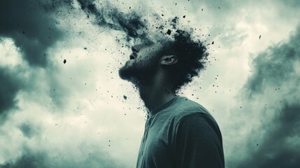 Conceptual image of stress and confusion, tornado forming in man's mind, generative ai
