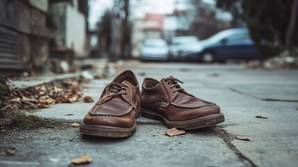 Abandoned brown leather shoes on concrete sidewalk, urban photography style, earthy tones, discarded personal belongings concept