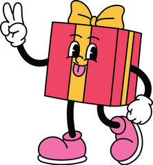 Cute Pink Gift Box with Bow Retro Mascot Walking and Making Peace Sign Illustration, Birthday Party Groovy Cartoon Character Vector