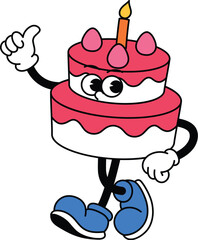 Cute Pink Birthday Cake with Strawberry and Candle Retro Mascot Thumbs Up and Walking Illustration, Birthday Party Groovy Cartoon Character Vector